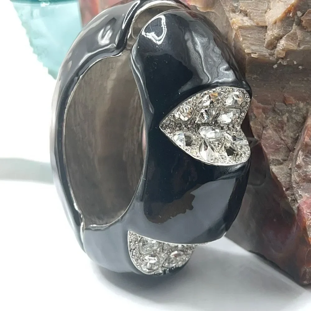 Black & Crystal Inset Dome Hinged Bangle Bracelet - Picture 2 of 13